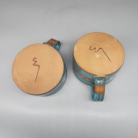 Set Of 2 Artisan Pottery Handeled Bowls Drip Glaze Teal Beige Beautiful - Picture 5 of 7